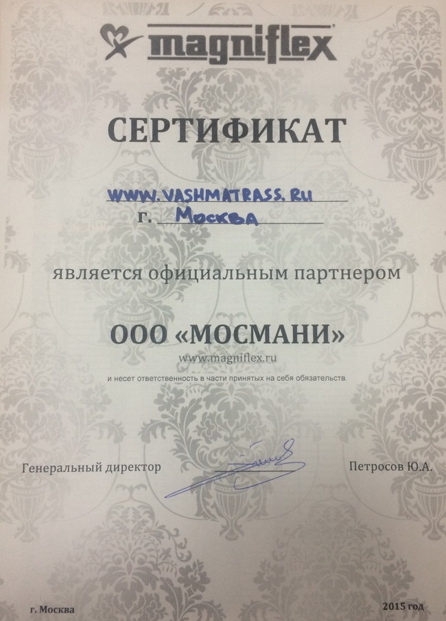 Сертификат дилера Магнифлекс