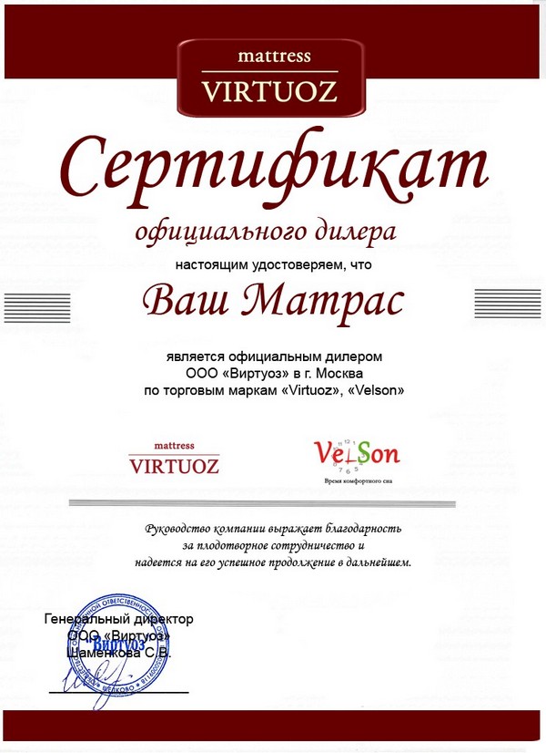 Сертификат дилера Velson