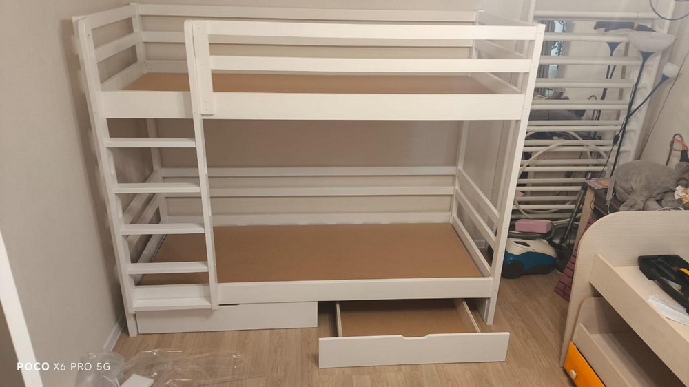 Двухъярусная кровать Vita Mia Korsar 2 90х220 в белой эмали с левой лестницей и выкатными ящиками