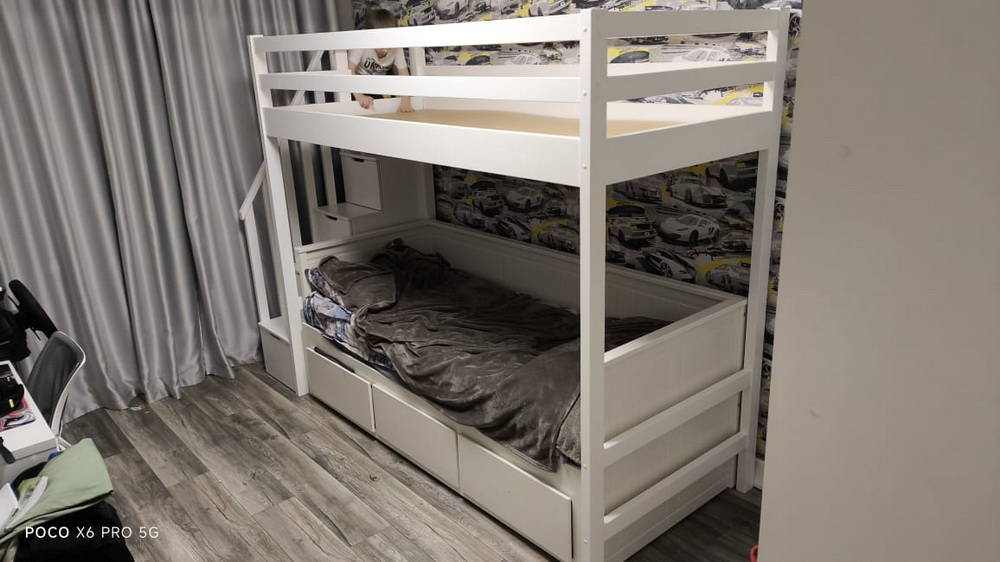 Кровать-чердак PinoLetto Patti ( Патти ) 90х210 Лестница комод 45х98 (ШхГ), Цвет Белая Эмаль