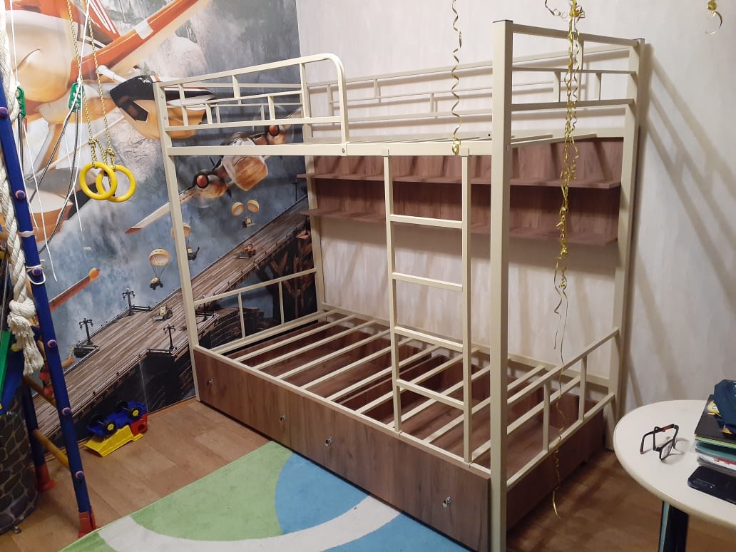 Кровать двухъярусная металлическая Валенсия с ящиками и полками
